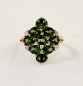 18ct gold modern dress ring set bright green oval stones and small white stones, finger size N1/2,