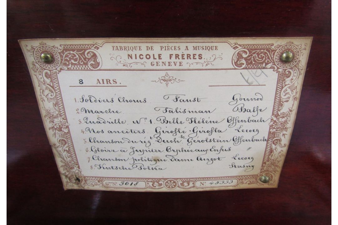 Swiss lever wind musical cylinder box bearing a label for Nicole Freres Geneve and listing eight - Image 3 of 4