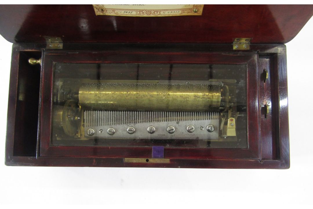 Swiss lever wind musical cylinder box bearing a label for Nicole Freres Geneve and listing eight - Image 2 of 4