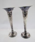 Pair George V silver trumpet vases, each partly hammered, Sheffield 1928, makers Walker & Hall, on
