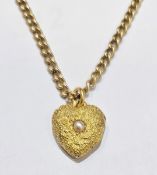 Gold-coloured metal and pearl heart-shaped locket, the locket with bark finish on 15ct curb link