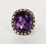 18ct gold, amethyst and old cut diamond dress ring set large central oval cut amethyst, surrounded