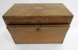 19th century oak campaign tantalus, with brass plaque to the lid, the velvet and leather-lined