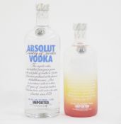 Absolut vodka duty free bottling, 1L, 40% vol, together with Absolut peach flavoured vodka 700ml 40%