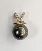 9ct gold, black pearl and diamond pendant, the pearl suspended on small cross surmount set with