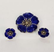 Danish silver and enamel blue poppy-type flower brooch and matching pair of earrings by the Dansk