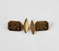 Pair of 14ct gold cufflinks of rectangular form with chamfered corners, engraved with monograms with