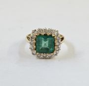 18ct gold, emerald and diamond dress ring, emerald 9mm x 9mm approx, stamped 750, finger size M1/