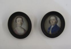 Pair of 18th century portrait miniatures depicting a lady in a pink dress wearing pearls and a