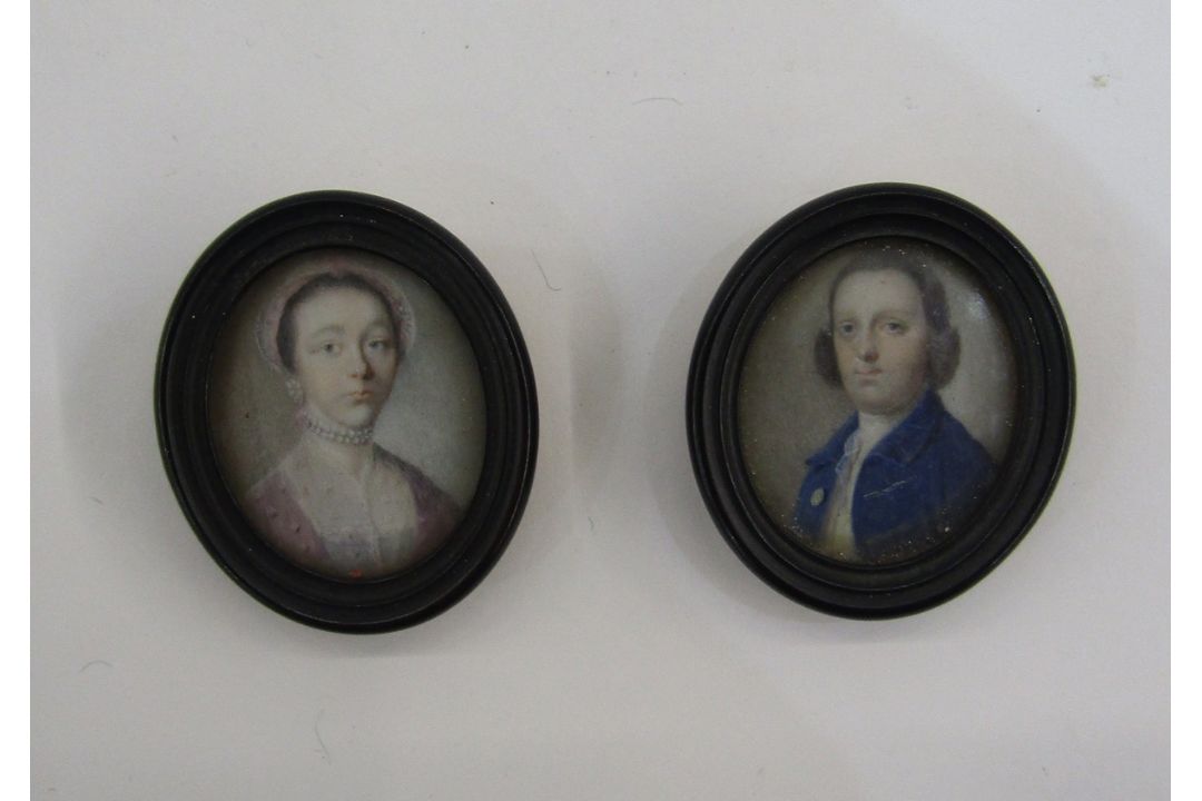 Pair of 18th century portrait miniatures depicting a lady in a pink dress wearing pearls and a - Image 1 of 5