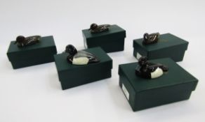 Val Bennett (1923-2013) five handpainted bronze model ducks, European Teal Drake TEM113, Blue Winged
