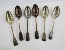 Six Georgian and Victorian silver tablespoons, fiddle pattern, various dates and makers, each