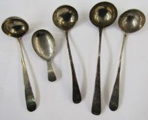 Four George III silver sauce ladles, all old English pattern with round plain bowls, assay marks