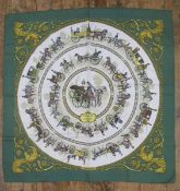 Hermes silk scarf - La Promenade de Longchamps designed by Phillipe Ledoux - green border, rolled