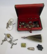 Quantity silver and costume jewellery including earrings, pendants, rings, in red leather-bound