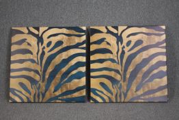 A pair of Zebra skin prints. Print on stretched canvas. Unsigned. H.80 W.80cm. (each)