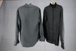 Two bespoke made shirts, one grey pin stripe and the other grey pin tuck pleated.