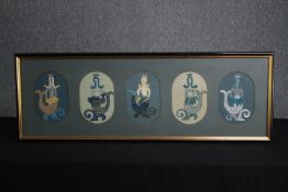 Embroidery. Five Mermaids. Framed and glazed. Unsigned. H.40 W.113cm.