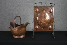An iron framed Arts and Crafts copper fire screen and a copper coal bucket. H.70 W.45cm. (largest)