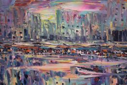 Keo Titia. A wet townscape in bright colours. Signed bottom left. Dated to the back '07.07.09'.