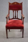 Armchair, late 19th century Art Nouveau mahogany with inlaid satinwood tulip motifs. H.107cm.