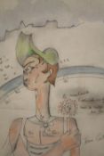 In the style of Jean Cocteau. Watercolour and pencil on paper. Signed 'Jean Cocteau' lower right.