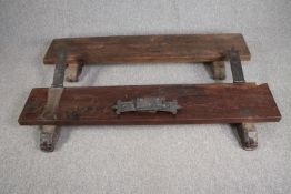 A pair of antique style wall fitting shelves with carved lion mask decoration. L.160 W.45cm. (each)