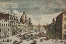 Pierre Mortier. Piazza Navona Rome. A hand coloured reproduction engraving. Framed and glazed. H.