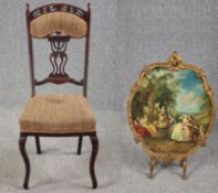 A fire guard decorated with a Rococo print probably Nicholas Lancret along with a late Victorian