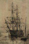 William Lionel Wyllie (British. 1851-1931). H.M.S Victory firing a salute. Drypoint etching. Hand