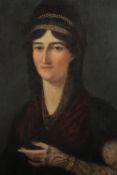 Oil painting on canvas. A Spanish lady wearing delicate patterned embroidery and jewellery. Probably