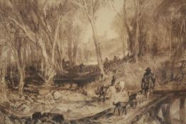 Engraving. In the style of William Turner. Titled 'Landscape with Huntsman' and signed indistinctly.