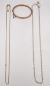 Two 9ct yellow gold chains and a rose gold hollow bangle with safety chain (clasp missing). One