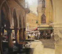 John Heseltine, British, (1923 - 2016), oil on board of the Venice fruit market, signed. Gilt