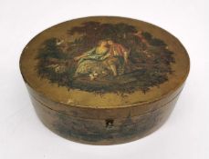 A 19th Century oval hand painted papier mache jewellery box, The top painted with a pair of lovers