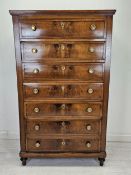 Chest of drawers, a 19th century Continental burr walnut semainier raised on turned feet. H.160 W.92