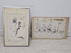 Bruce Petty (Australian. 1929–2023). Two cartoons, ink on paper. A reworking of a David Hockney