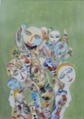 Carmelo Tommasini, French, 1927, oil on paper, surrealist heads on a green ground, signed. Framed
