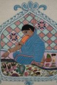 Embroidery. A label on the back reads 'Skill development for underprivileged woman'. Unsigned.