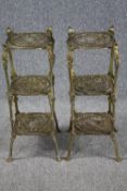 A pair of brass pierced design three tiered pot stands. H.72cm. (each)