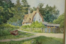 Watercolour, a rural scene with a thatched cottage and two children in the foreground. Unsigned.