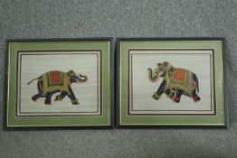Mid to late twentieth century. A pair of large Indian elephant paintings on linen. Highly detailed