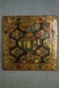 A large nineteenth century Japanese painting. Oil on canvas. Three vignettes surrounded by a