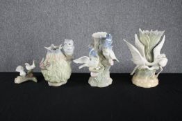 A mixed collection of bird theme ceramic vases. Made by 'Porceval Villamarchante, Valencia' and '