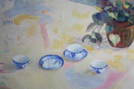 Oil painting on canvas. Still life with tea and flowers. Signed indistinctly lower left. H.73 W.