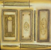 Mixed media abstract painting. Three panels decorated with stars and swirls. Signed 'Dek nic'