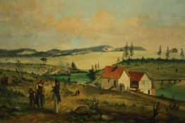 An early to mid nineteenth century oil on board. Landscape with a soldier and figures in the