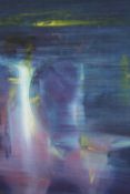A large blue and yellow abstract print. Mounted and framed. Numbered 3/15. Signed indistinctly in
