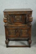 Court cupboard, mid century Jacobean style oak. H.105 W.73 W.40cm.