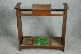 Umbrella and stick stand, Arts and Crafts oak. H.77 W.80 D.27cm.